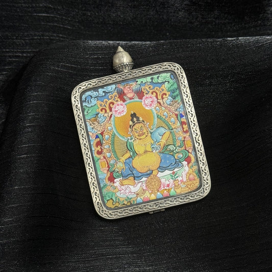 Yellow Jambhala Menri Thangka Pendant: The Wealth Deity of Blessings and Abundance
