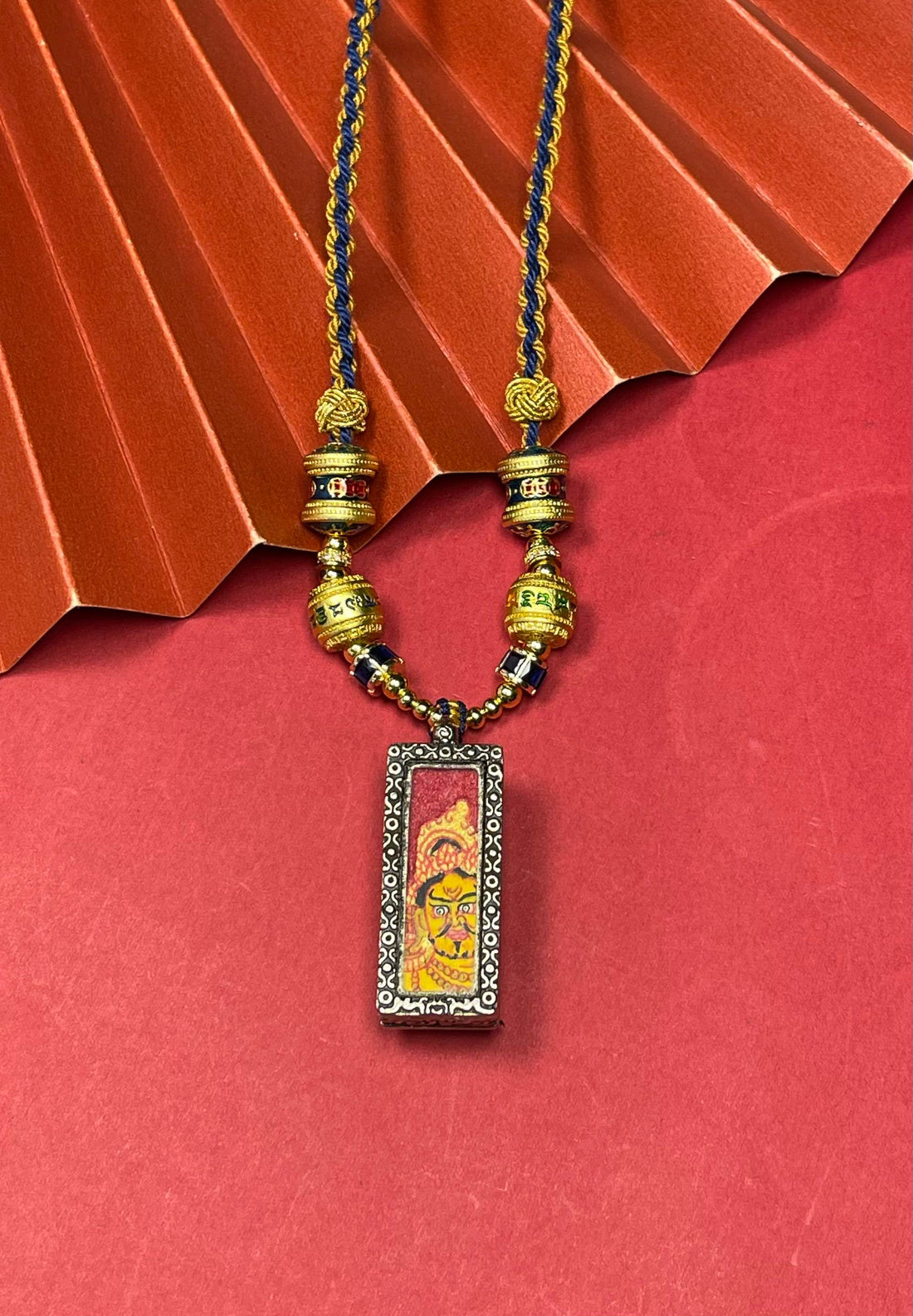 1x3inch Hand-Painted Nepal Red Base Jambhala Buddhist Pendant: Wealth King, Dharma & Tibetan Buddhist Jewelry