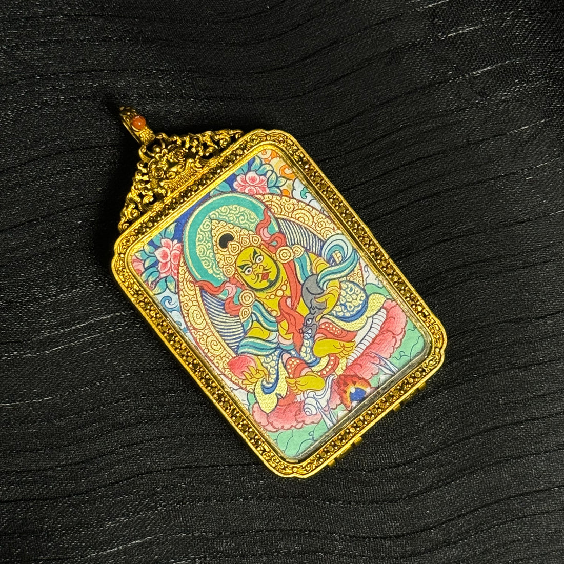 The Head of the Five Wealth Deities: Wealth and Blessing with the Rekong Yellow Jambhala Thangka (2.5x3.5cm)