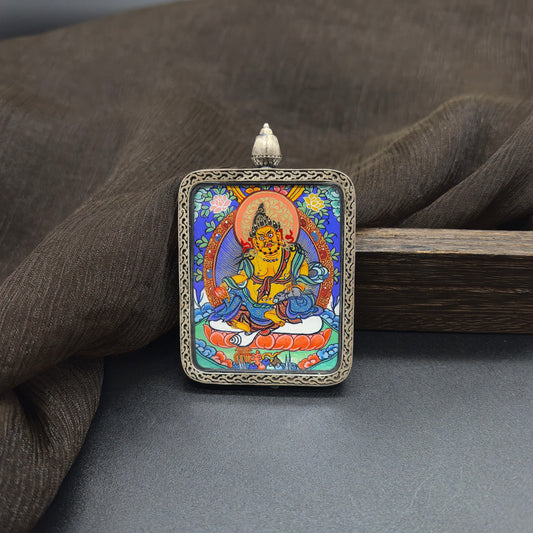 3.5x4.5cm Hand-Painted Rekong Yellow Jambhala (黄财神) Buddhist Pendant with 925 Silver: Tibetan Buddhist Jewelry