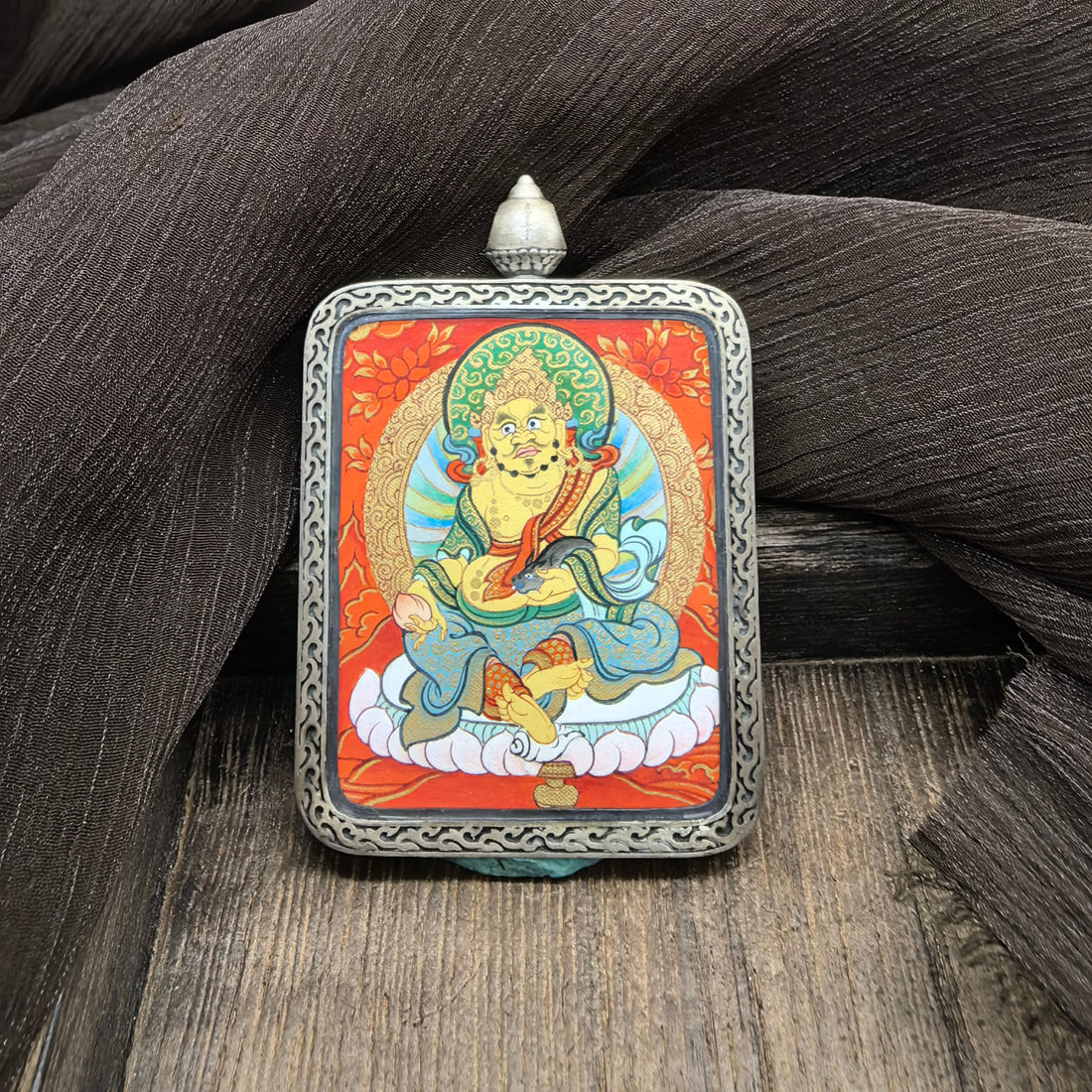 4x5cm Hand-Painted Rekong Red Yellow Jambhala (黄财神) Buddhist Pendant: Wealth, Fortune and Tibetan Buddhist Jewelry