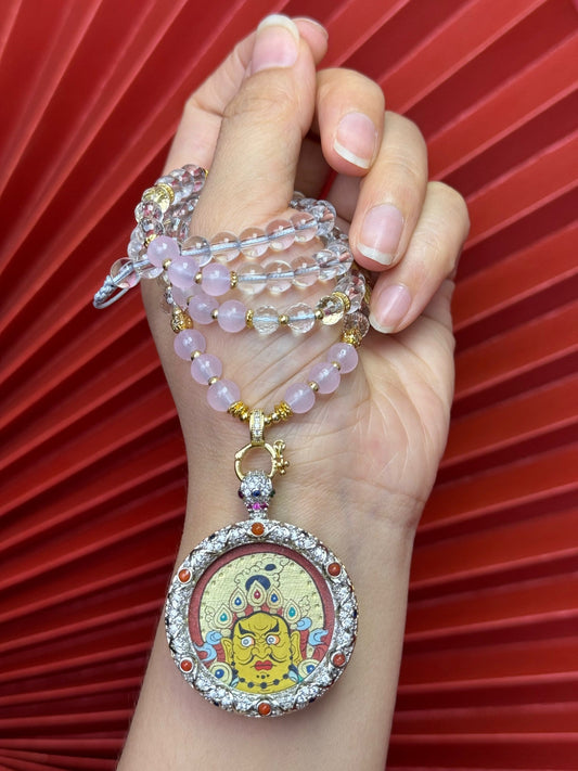 The King of Wealth Deities: Rekong Red Gold Yellow Jambhala Thangka Pendant with Copper Casing