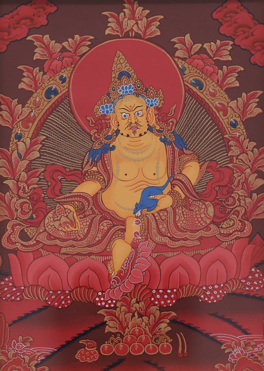 Tibetan Buddhist Yellow Jambhala Red Background Thangka — Hand-painted Symbol of Wealth, Wisdom, and Protective Blessings
