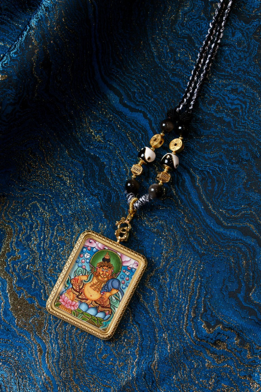 Yellow Jambhala Thangka Pendant: Nepal Handcrafted Wealth Gau Amulet (Titanium Steel)
