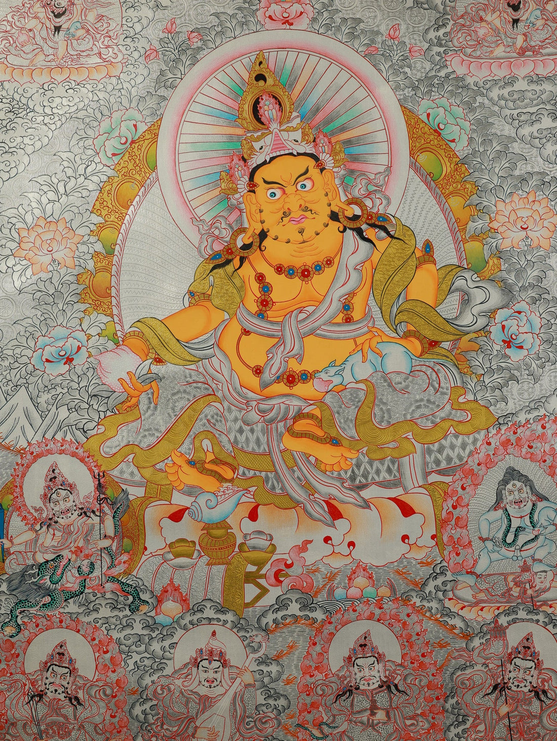 Hand-Painted Yellow Jambhala Mandala Thangka: Theme, Deities, and Craftsmanship in the Tibetan Buddhist Thangka Painting
