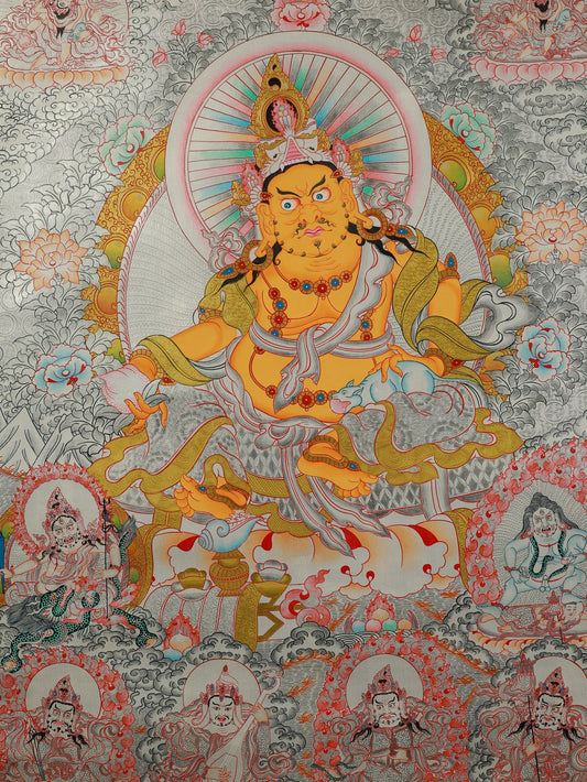 Hand-Painted Yellow Jambhala Mandala Thangka: Theme, Deities, and Craftsmanship in the Tibetan Buddhist Thangka Painting