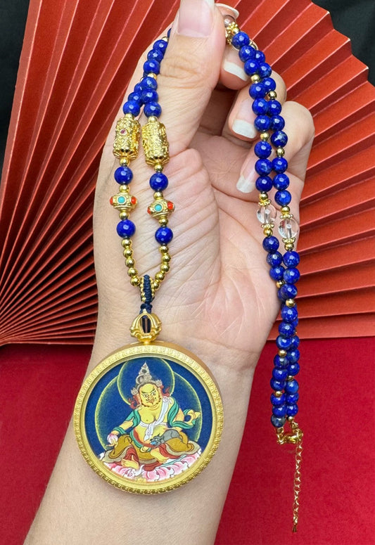 The King of Wealth Deities: Tibet Bold Yellow Jambhala Thangka Pendant with Copper Casing