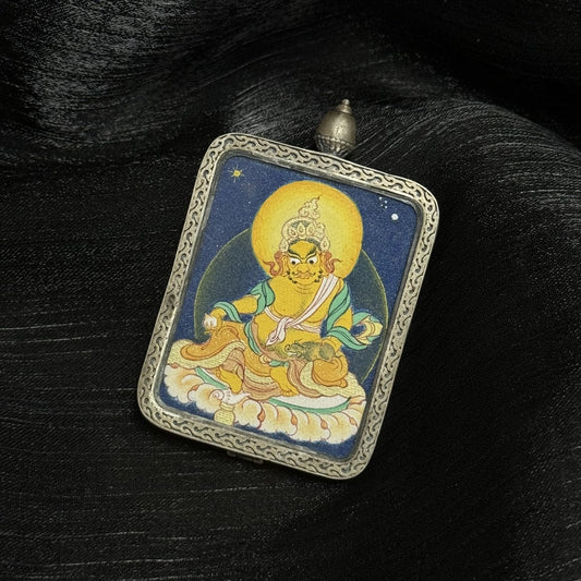 Tibet Coarse Yellow Jambhala Thangka Pendant: The King of Wealth, Merit, Longevity and Dharma