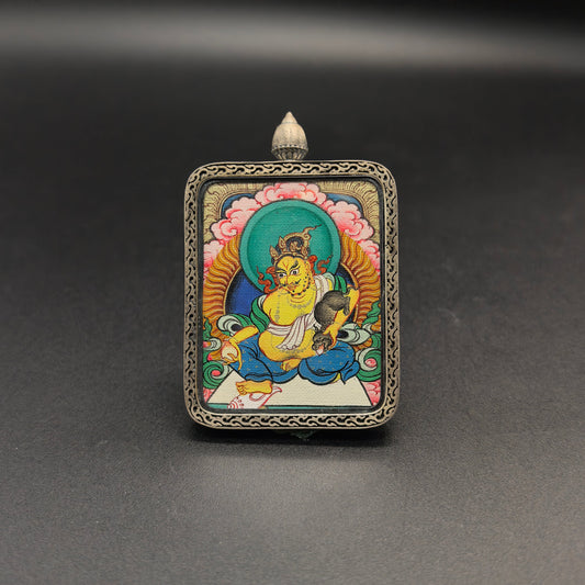 3.5x4.5cm Hand-Painted Tibet Red Cloud Yellow Jambhala (黄财神瞻巴拉) Buddhist Pendant with 925 Tibetan Buddhist Jewelry