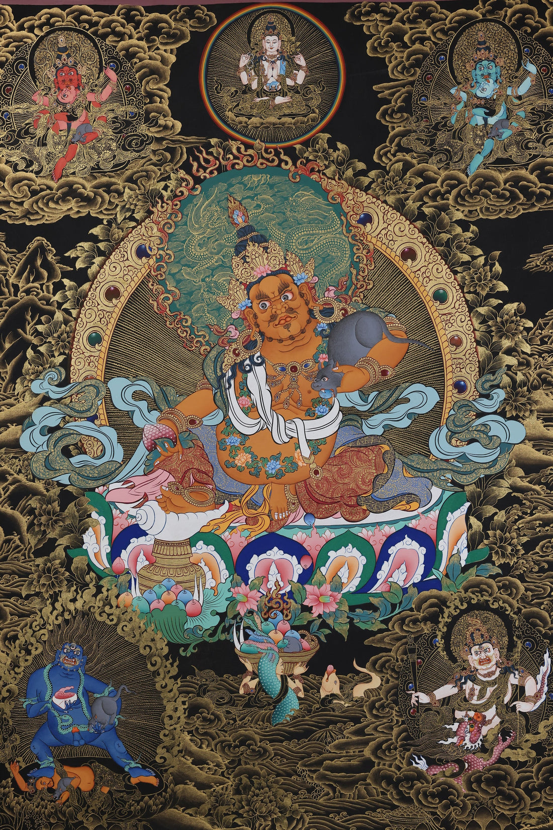 Authentic Tibetan Buddhist Yellow Jambhala (Zhambhala) Wealth Protection & Obstacle Clearing Black-Gold Thangka