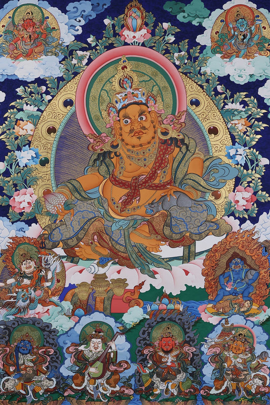 Tibetan Buddhist Culture: The Yellow Jambhala (Zhambhala) Wealth Protection System Thangka Meaning & Art