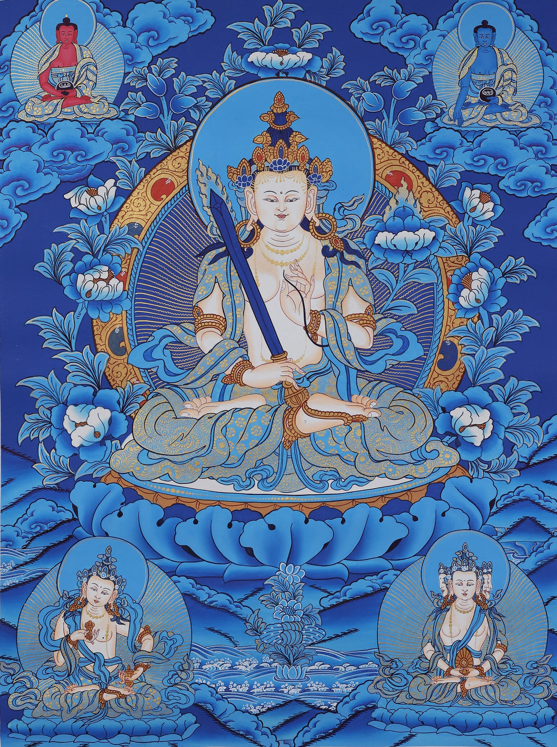 Hand-Painted Yellow Manjushri Wisdom Mandala Thangka | Tibetan Buddhist Blue-Gold Sacred Art
