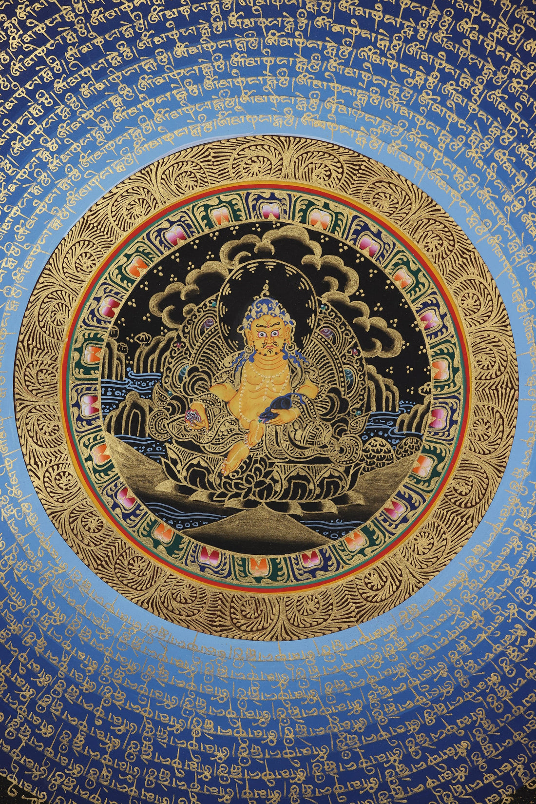 Hand-Painted Zambala (Yellow Wealth God) & Om Mani Padme Hum Mandala Thangka