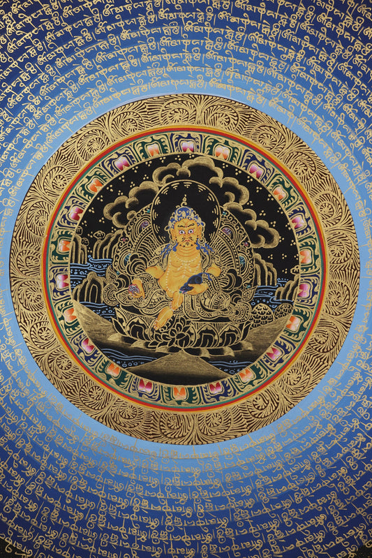 Hand-Painted Zambala (Yellow Wealth God) & Om Mani Padme Hum Mandala Thangka