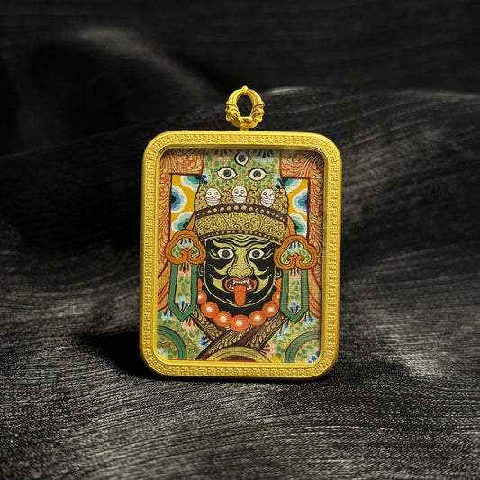3.5x4.5cm Hand-Painted Rekong Zaki Lhamo (Female Wealth Deity) Buddhist Pendant: Wealth Tibetan Buddhist Jewelry