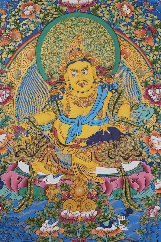 Authentic Tibetan Buddhist Yellow Jambhala (Zhambhala) Merit Accumulation System Blue-Gold Thangka