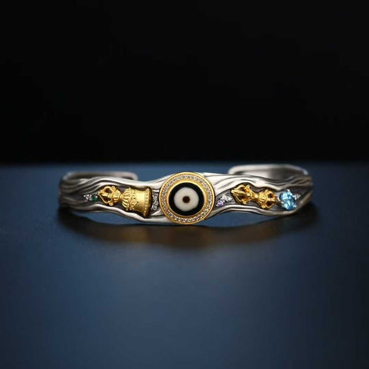 Tibetan-Buddhist Vajra Bell Dorje Bracelet - Handcrafted Silver Fine Inlay