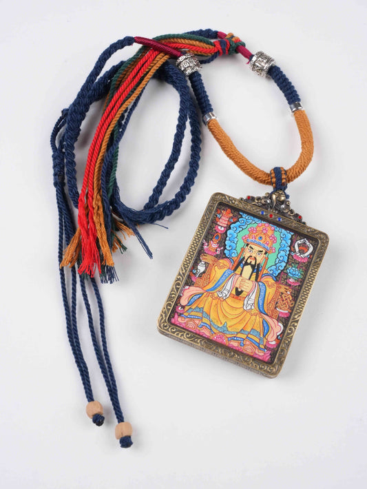 Wuye Hand-Painted Thangka Necklace Pendant – Tibetan Wealth and Protection Amulet (4×5 cm)
