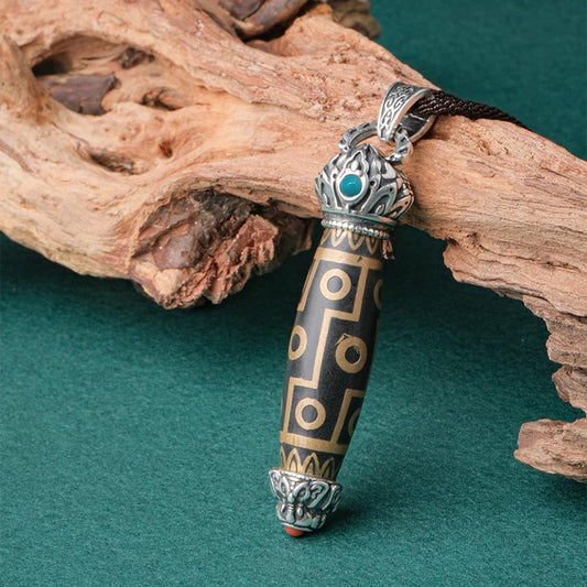 Tibetan Buddhist 12-Eyed Dzi Pendant with 925 Silver Chain
