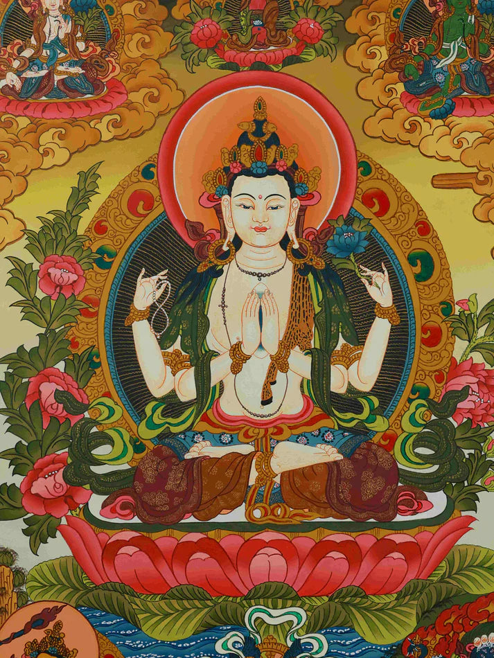 Four-Armed Avalokiteshvara Hand-Painted Thangka: The Sacred Art That Wraps You in Compassion, Calm, and Abundant Goodness