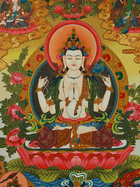 Four-Armed Avalokiteshvara Hand-Painted Thangka: The Sacred Art That Wraps You in Compassion, Calm, and Abundant Goodness