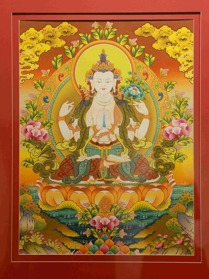 Hand-Painted Four-Armed Avalokiteshvara "Compassion Lotus Wish-Fulfillment" Thangka: A Tibetan Blessing Treasure Wrapped in Gentle White Compassionate Light