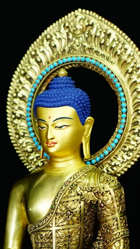 Tibetan-Buddhist Three Buddha Statue, Hand-Painted, Gilded Finish