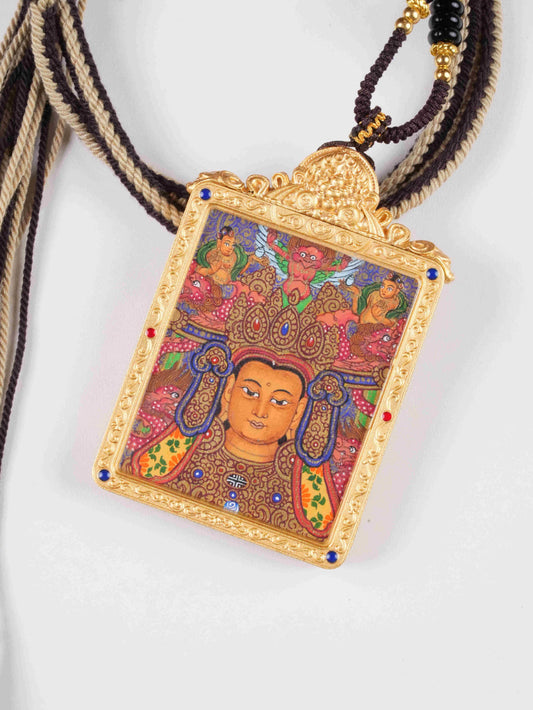 Shakyamuni Buddha Hand-Painted Thangka Necklace Pendant – Rectangular Tibetan Spiritual Amulet (4×5 cm)