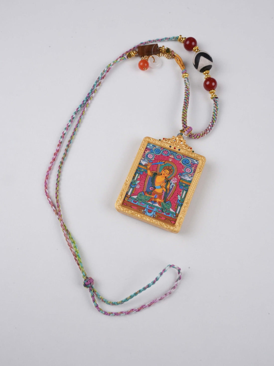 Manjushri Bodhisattva Hand-Painted Thangka Necklace Pendant – Rectangular Tibetan Wisdom Amulet (4×5 cm)