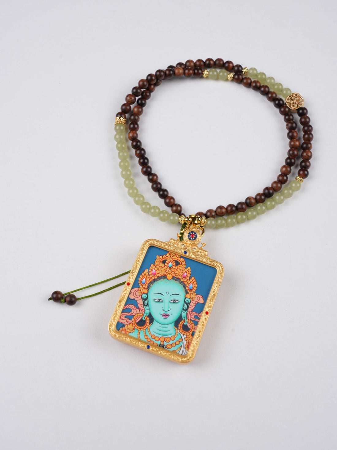 Green Tara Hand-Painted Thangka Necklace Pendant – Rectangular Tibetan Buddhist Protection Amulet (4×5 cm)