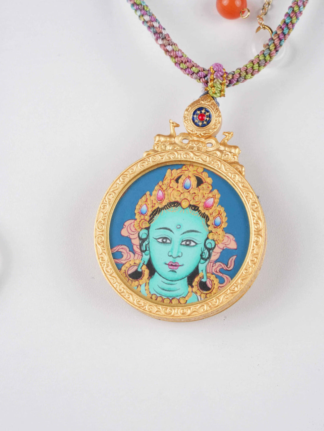 Green Tara 3.5cm Circular Thangka Pendant | Hand-Painted Tibetan Compassion & Protection Amulet