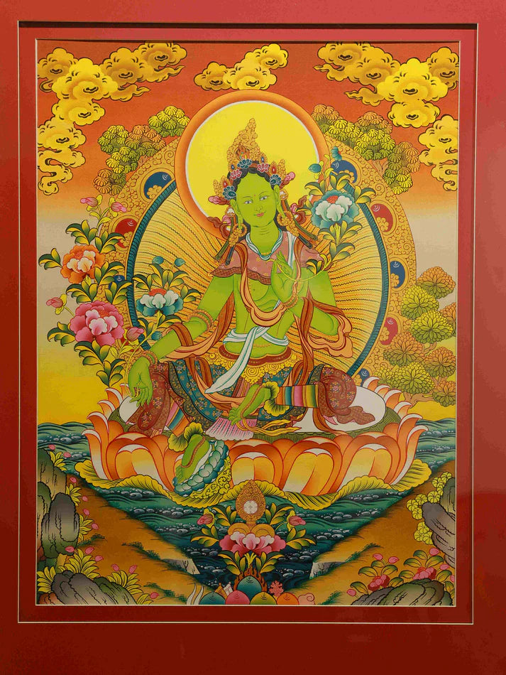 Hand-Painted Green Tara Auspicious Golden Light Mandala Thangka: A Tibetan Good Fortune Rarity Wrapped in "Morning Sun Compassion"