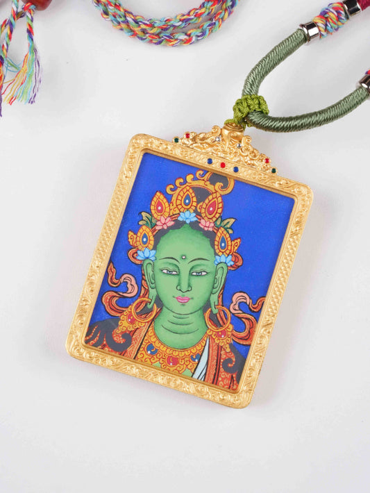 Green Tara Hand-Painted Thangka Necklace Pendant – Rectangular Tibetan Compassion Amulet (4×5 cm)