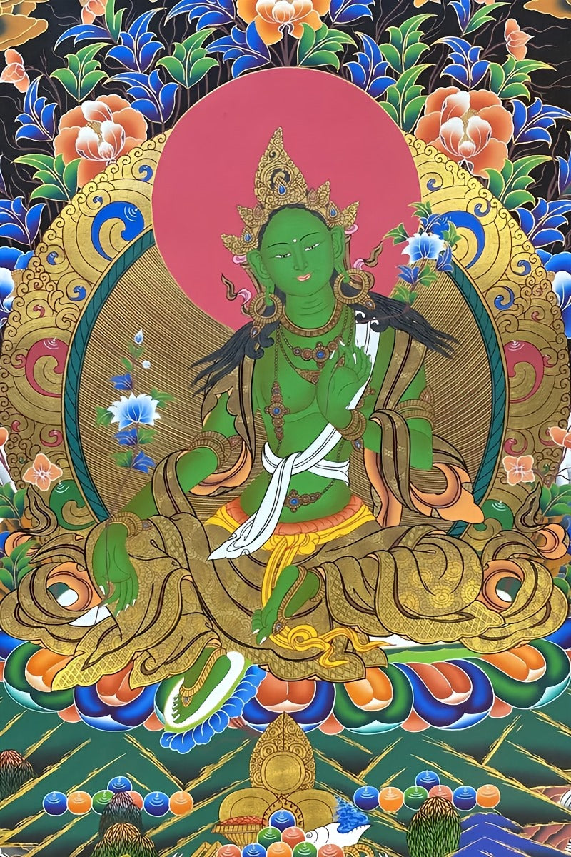 tibetan-buddhist Green Tara Tibetan Thangka Painting on Canvas – Hand-Painted