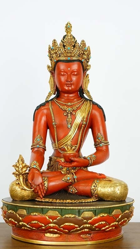 Tibetan-Buddhist Hand-Painted Three Buddhas Statue, Gilded Finish
