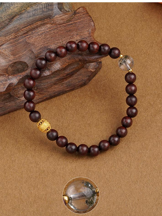 Tibetan-Buddhist Small-Leaf Red Sandalwood and Green Phantom Bracelet · Handmade with Sterling Silver Potala Drum Bead