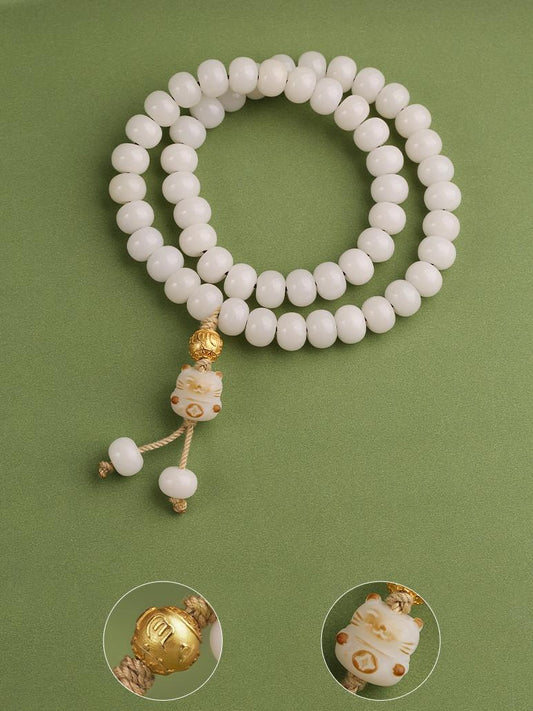 Tibetan-Buddhist Liuyun Feixue White Jade Bodhi Bracelet · Handcrafted Spiritual Jewelry
