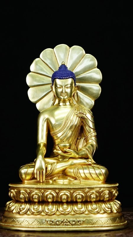 Tibetan-Buddhist Shakyamuni Buddha Statue, Gilded Gold & Hand-Painted