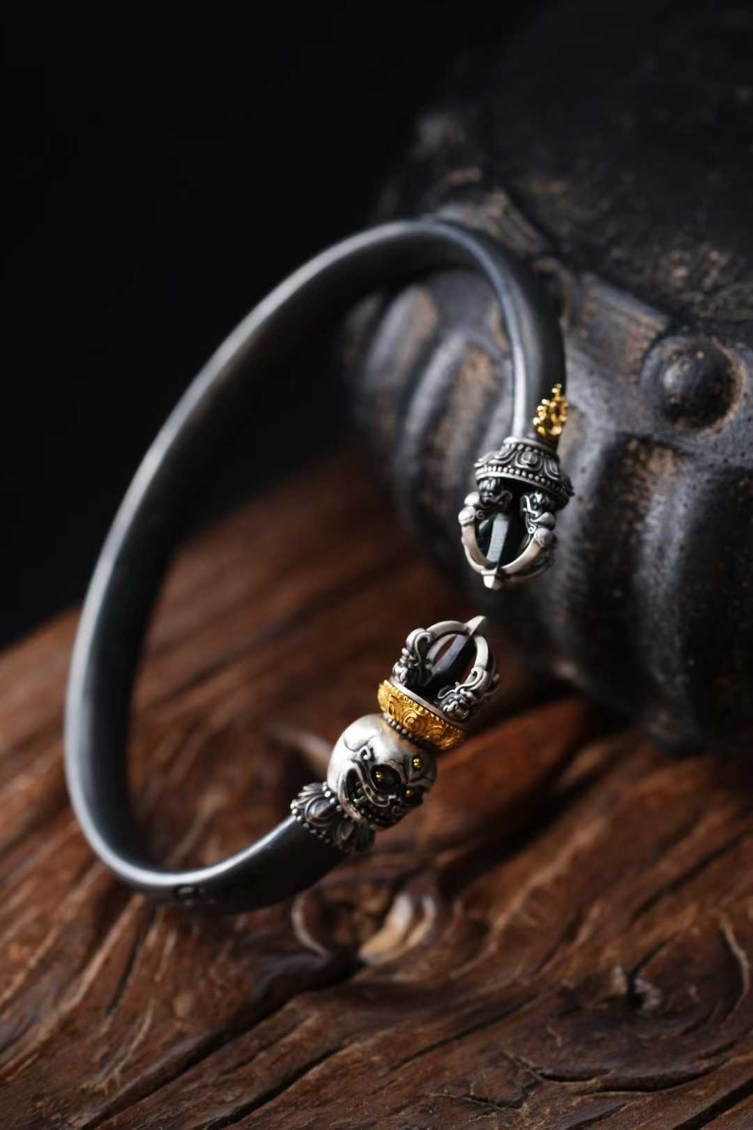 Tibetan Buddhist Skull Wand Bracelet Handmade S925 Silver Protective Bangle