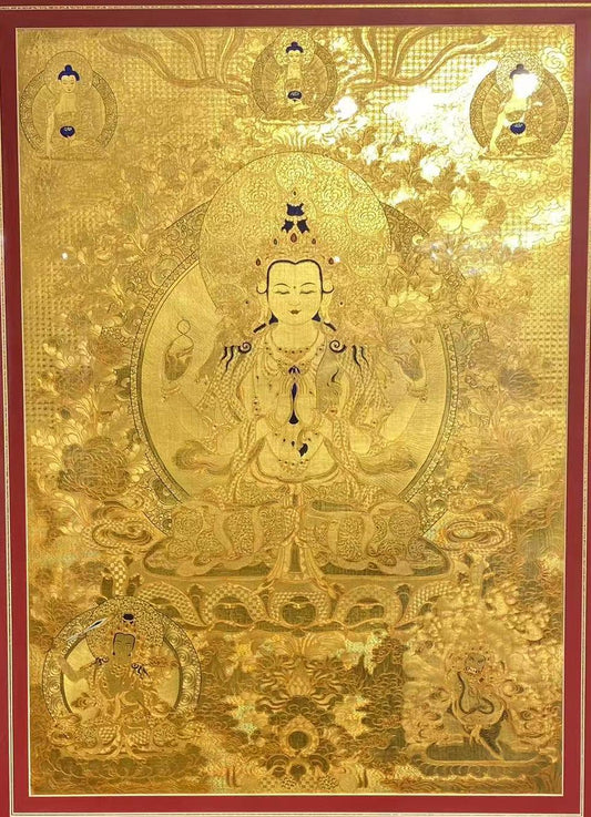 Tibetan-Buddhist Four-Armed Avalokiteshvara Thangka Painting – Hand-Painted Rebgong Thangka on Traditional Cloth with Mineral Pigments