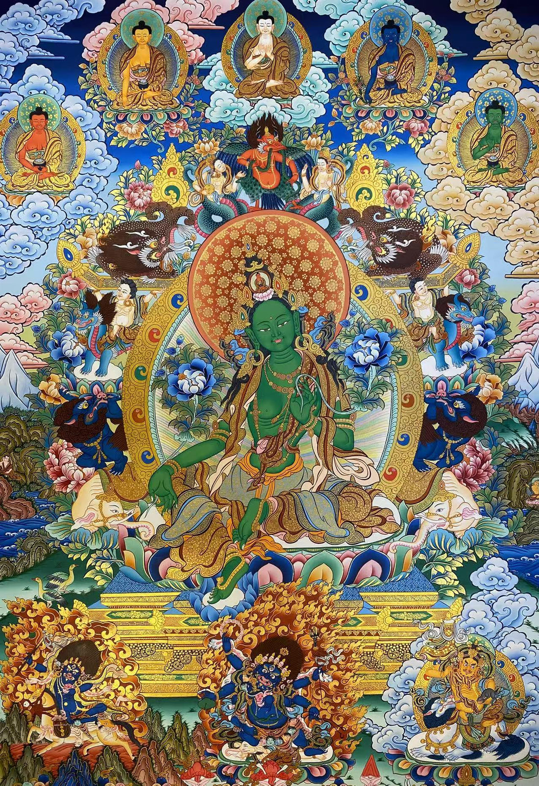 Hand-Painted Green Tara Dharma Realm Protection Mandala Thangka: A Tibetan Compassionate Blessing Rarity Wrapped in "Vitality & Mercy"