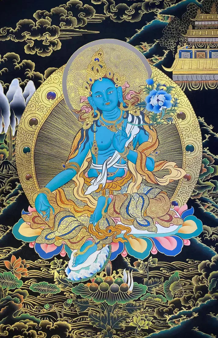 Blue Manjushri Thangka: This Hand-Painted Black & Gold Thangka Holds the Eastern Aesthetic Code of "Wisdom Dispels Ignorance"