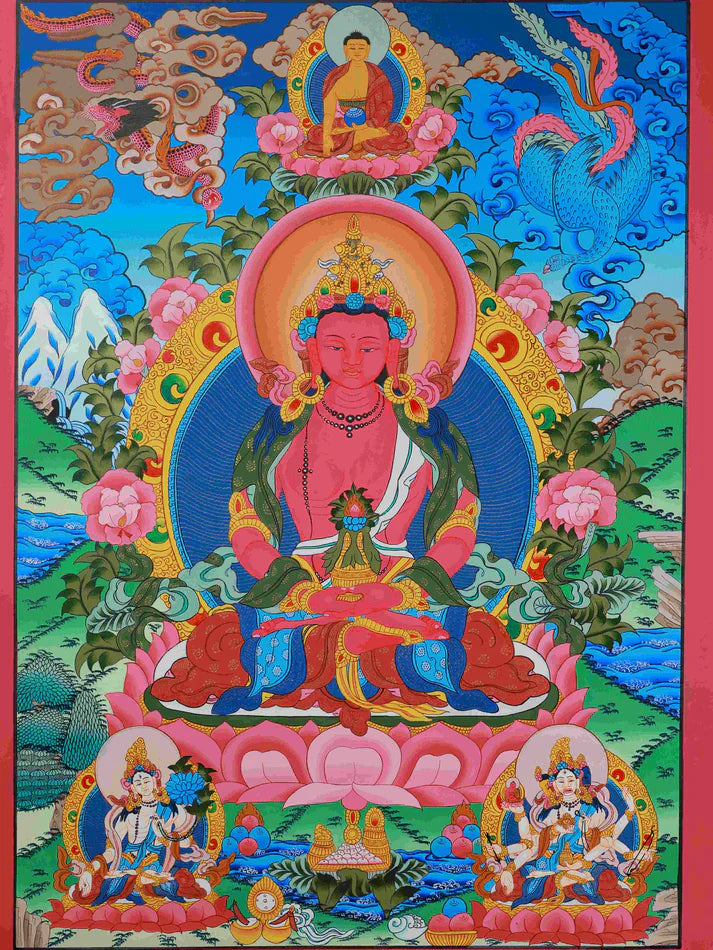 Hand-Painted Red Amitayus Thangka: Sacred Protection for a Long, Rich Life