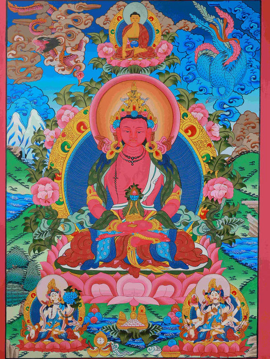 Hand-Painted Red Amitayus Thangka: Sacred Protection for a Long, Rich Life