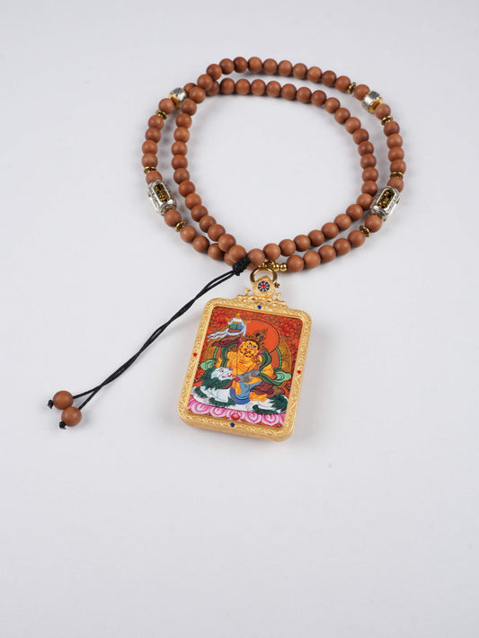 Kubera (Wealth Deity) Hand-Painted Thangka Necklace Pendant – Rectangular Tibetan Protector Amulet (4×5 cm)