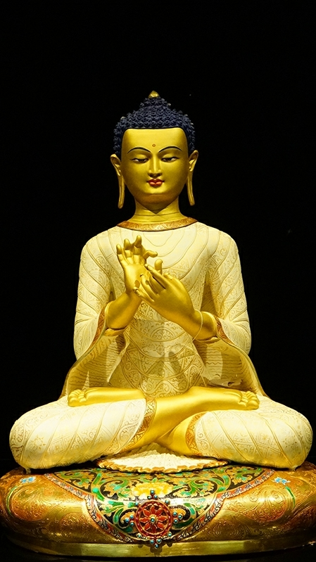 Tibetan-Buddhist Maitreya Buddha Statue, Pure Hand-Painted Gold Finish