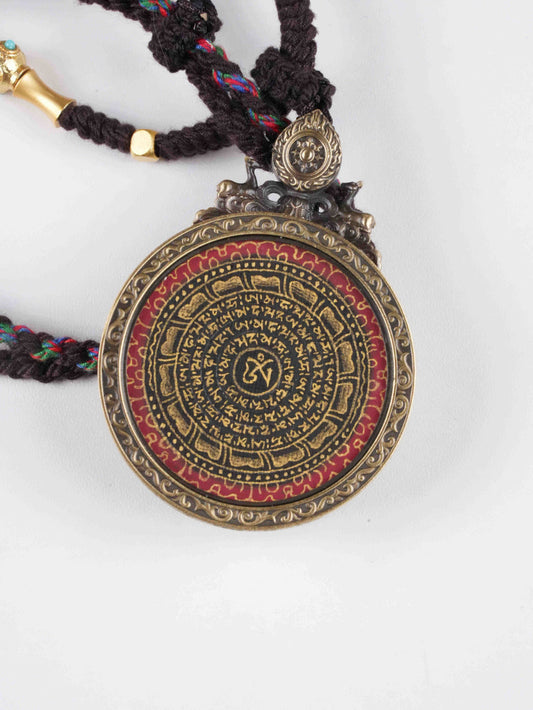 Om Mani Padme Hum Circular Thangka Pendant | Hand-Painted Tibetan Mantra Amulet