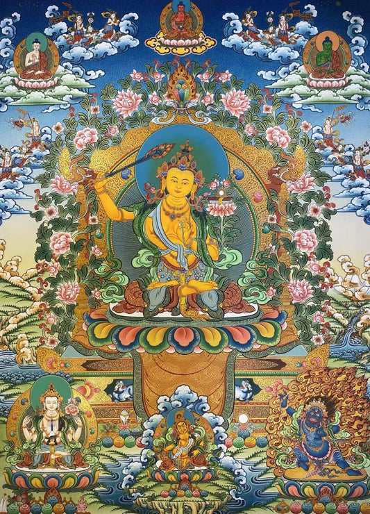 Tibetan Buddhist Manjushri Thangka – Hand-Painted with Mineral Pigments on Canvas, Traditional Bodhisattva Sacred Art, 75x50cm