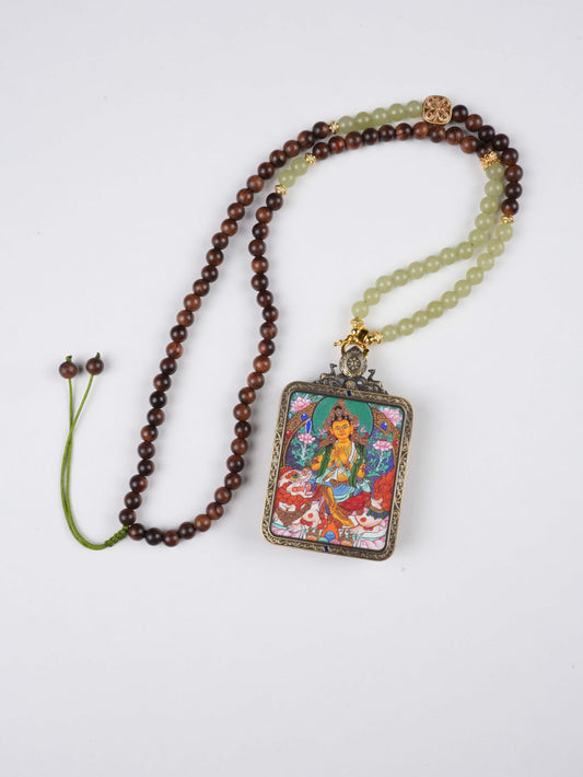 Manjushri Bodhisattva Hand-Painted Thangka Necklace Pendant – Rectangular Tibetan Wisdom Amulet (4×5 cm)