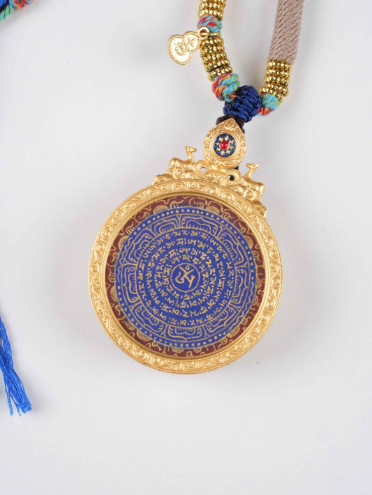Om Mani Padme Hum Heart Mantra Blue Thangka Circular Pendant | Hand-Painted Tibetan Spiritual Amulet